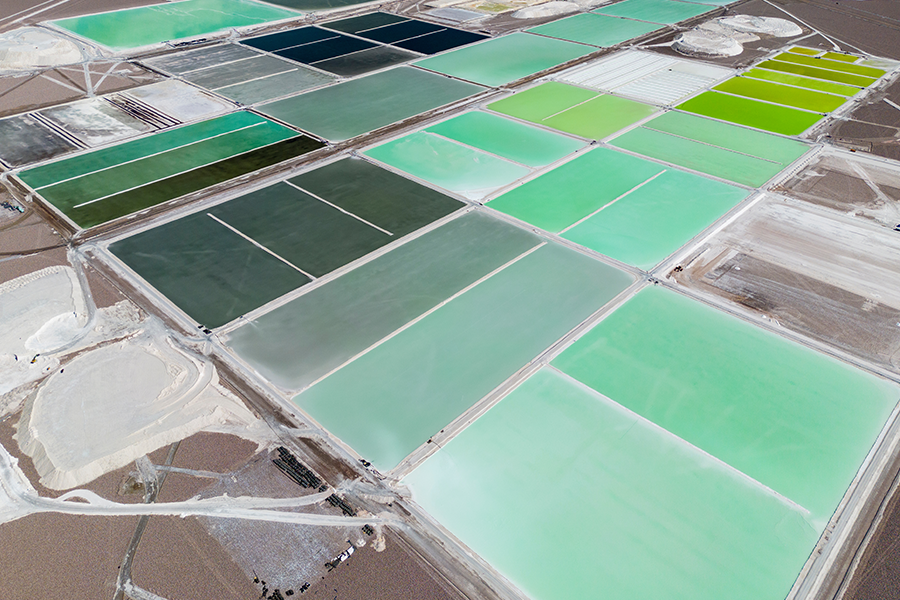 Fields of evaporation ponds used to extract lithium.